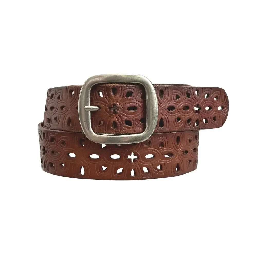 Fossil Western Floral Geometric Embossed Laser Cut Brown Leather Belt Size M